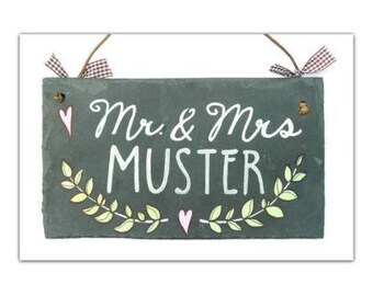 Hochzeitsgeschenk für das Brautpaar | Türschild Mr. & Mrs. aus Schiefer personalisiert mit Name | Geschenk für Braut und Bräutigam