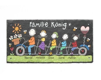 Türschild Schiefer Familie auf Fahrrad mit Namen und Figuren personalisiert | Schieferschild wetterfest | Namensschild | Familienschild Rad
