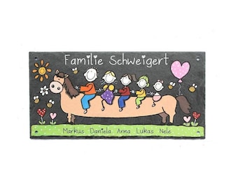 Türschild Schiefer Familie auf Pferd mit Namen und Figuren personalisiert | Schieferschild | Namensschild | Familienschild | Haustürschild