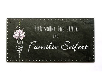 Familienschild Lotusblume mit Name der Familie personalisiert | Türschild Schiefer | Familientürschild | Namensschild | Eingangsschild