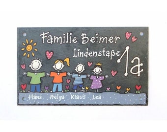 Schieferschild Familie mit Adresse / Anschrift / Straßenname | Türschild Schiefer mit Namen | Familienschild personalisiert | mit Figuren