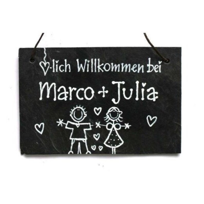 Türschild aus Schiefer für Paare personalisiert mit Namen. Wetterfestes Schieferschild, Namensschild, Haustürschild, Familienschild, Willkommensschild, Eingangsschild handbemalt. Geschenk zu Hochzeit, Geburt, Umzug, Einzug, Ostern, Geburtstag.