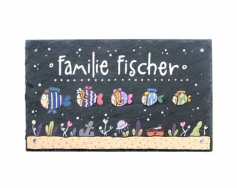 Türschild Schiefer mit Name der Familie personalisiert | Namensschild mit Fischen | Familienschild | Haustürschild | Familientürschild