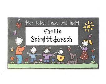 Türschild Schiefer mit Name der Familie personalisiert | Namensschild mit Figuren | Familienschild | Haustürschild | Familientürschild