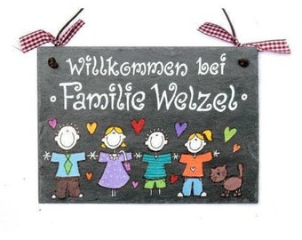 Willkommensschild Schiefer mit Figuren und Name der Familie personalisiert | Türschild handbemalt | Familienschild wetterfest | Namensschild