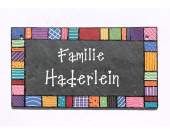 Türschild Schiefer mit Name und Patchworkrand | Schieferschild Familie | Familientürschild | Namensschild | Familiengeschenk personalisiert