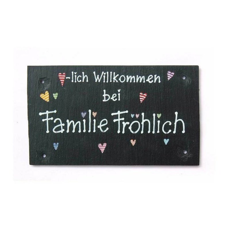 Schieferschild Familie mit Name personalisiert. Wetterfestes Türschild aus Schiefer. Haustürschild mit Herzen. Familienschild, Namensschild handbemalt. Willkommensschild für den Eingang. Einzugsgeschenk, Hochzeitsgeschenk, Geburtstagsgeschenk.