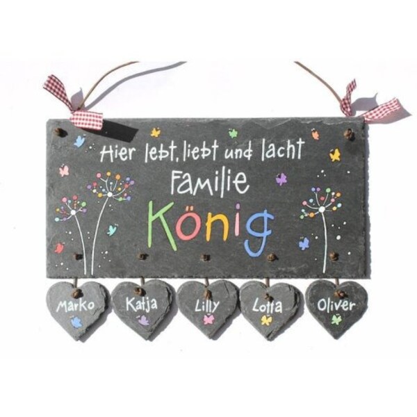 Türschild Schiefer Familie personalisiert | Schieferschild Pusteblume mit Anhänger | Familienschild | Schiefertürschild | handbemalt