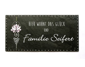 personalisiertes Türschild Familie aus Schiefer | Schieferschild Lotusblüte personalisiert mit Namen | Haustüschild | Schiefertürschild