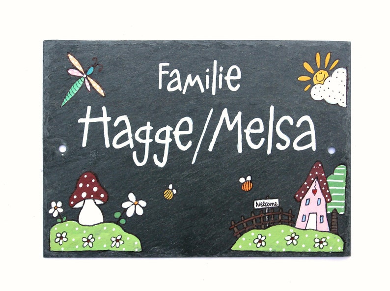 Haustürschild aus Schiefer für Familien mit Name personalisiert. Türschild, Schieferschild,  Namensschild, Familienschild wetterfest. Willkommensschild handbemalt. Weihnachtsgeschenk, Hochzeitsgeschenk, Einweihungsgeschenk.