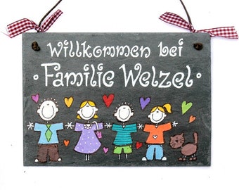 Türschild Schiefer Willkommen bei Familie mit Name und Figuren | Schieferschild | Familienschild | Namensschild | Hausschild personalisiert