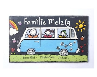 Türschild Schiefer personalisiert mit Name der Familie | Schild mit Bulli | handbemalt | wetterfest | Geschenk zum Einzug / Umzug