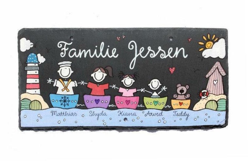 Maritimes Familienschild aus Schiefer mit Name personalisiert. Wetterfestes Türschild, Haustürschild, Namensschild Familie für Zuhause. Willkommensschild, Eingangsschild handbemalt. Geschenk zu Umzug, Einzug, Hochzeit, Geburt, Ostern.