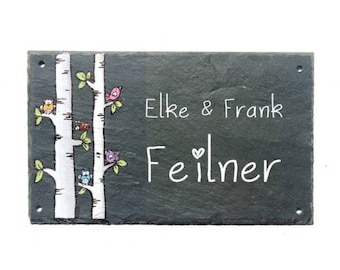 Schiefertürschild Baumstamm mit Eule und Vogel | Türschild Schiefer mit Namen personalisiert | Familiengeschenk für Zuhause | Namensschild