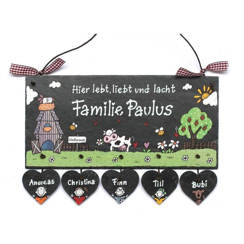 Familienschild aus Schiefer mit Name personalisiert. Wetterfestes Türschild Bauernhof. Haustürschild, Namensschild Familie für Zuhause. Willkommensschild, Eingangsschild handbemalt. Geschenk zu Umzug, Einzug, Hochzeit, Geburt, Ostern.