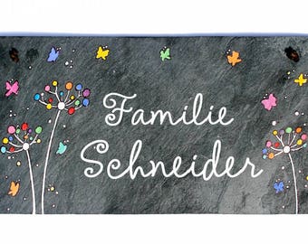 personalisiertes Geschenk für die Familie | Schiefertürschild Pusteblume bunt | Familientürschild mit Name | Namensschild | Familiengeschenk