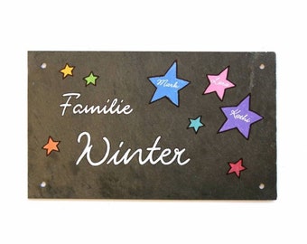 Schieferschild Familie mit Sternen | Türschild Schiefer mit Familienname und Vornamen personalisiert | Namensschild | Familienschild Haustür