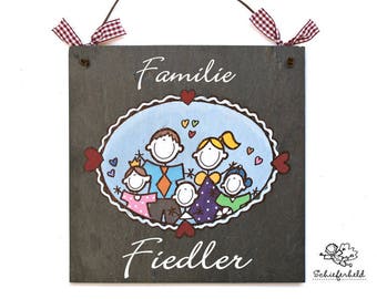 Schieferschild Familienporträt mit Wunschfiguren und Name personalisiert | Türschild Familie | Schiefertürschild wetterfest | Namensschild