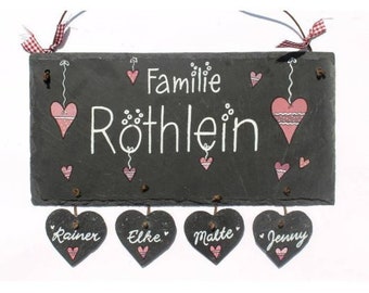 Geschenk für die Familie | Türschild Schiefer Herz mit Namen und Herzanhänger personalisiert | Schieferschild | Namensschild wetterfest