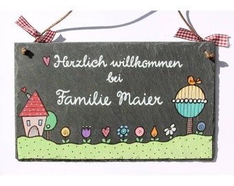 individuell personalisiertes Willkommensschild Schiefer, Schieferschild Familie mit Namen, Türschild / Namensschild / Familienschild