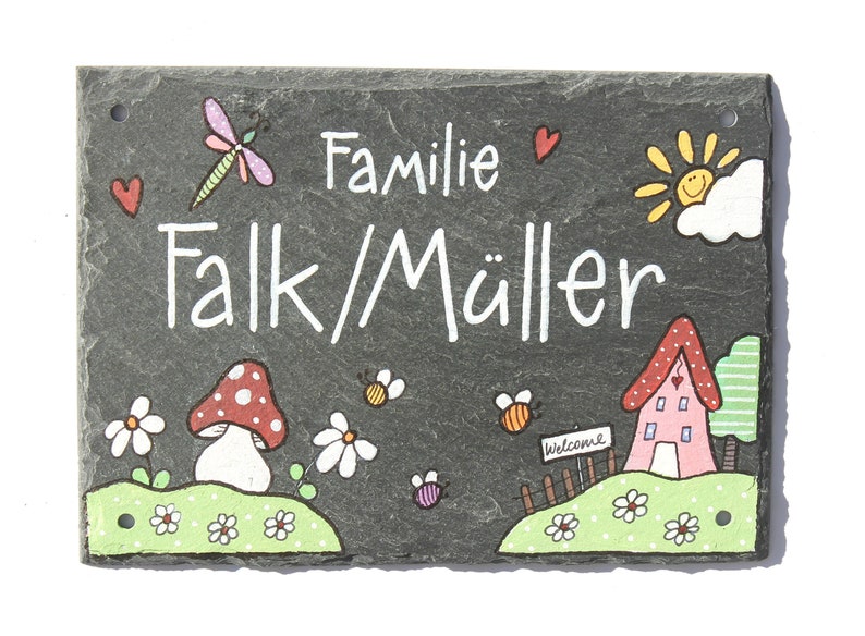 Haustürschild aus Schiefer für Familien mit Name personalisiert. Türschild, Schieferschild,  Namensschild, Familienschild wetterfest. Willkommensschild handbemalt. Weihnachtsgeschenk, Hochzeitsgeschenk, Einweihungsgeschenk.