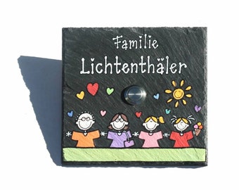 Klingelschild Schiefer personalisiert mit Namen und Wunschfiguren | Türklingel Schiefer | Haustürklingel mit Klingelknopf | Klingelplatte