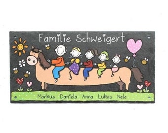 Türschild Schiefer Familie personalisiert | Schieferschild Familie auf Pferd | Schiefertürschild mit Namen | Familienschild | Namensschild