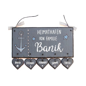 Schiefer Türschild Heimathafen mit Anker handgemalt und Name personalisiert, wetterfestes Haustürschild Familie, dekoratives Schieferschild