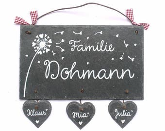 personalisiertes Türschild, Namensschild Haustür, Schieferschild Pusteblume, Türschild Familie, Hochzeitsgeschenk, Einzugsgeschenk