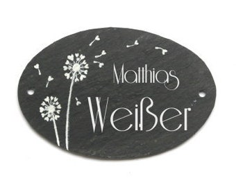 ovales Türschild Schiefer personalisiert mit Namen | Schieferschild Pusteblume | Schiefertürschild Familie | Familientürschild wetterfest