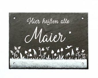 Schiefertürschild Blumenwiese mit Name der Familie personalisiert | Türschild Schiefer | Familientürschild | Schieferschild | Namensschild