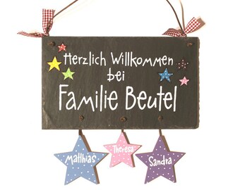 Türschild Schiefer mit Sternen | Schieferschild Familie mit Sternanhänger | Familienschild personalisiert mit Namen | Haustürschild Stern