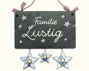 Schieferschild Familie mit Sternanhänger personalisiert mit Namen, Türschild aus Schiefer mit Sternen, Haustürschild für die Familie