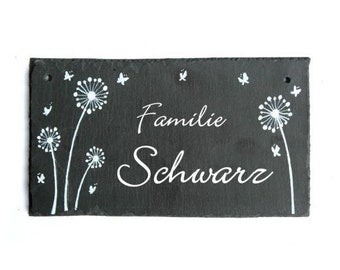 personalisiertes Geschenk für die Familie | Türschild Schiefer Pusteblumen und Schmetterlinge | Schieferschild mit Name | Familientürschild