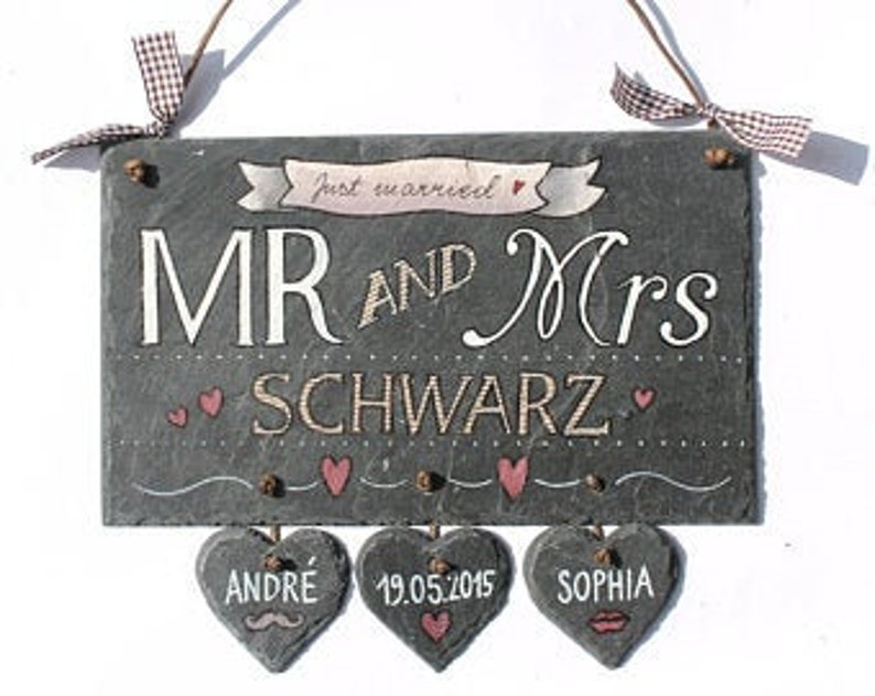 Türschild Mr. & Mrs.  aus Schiefer personalisiert mit Namen. Wetterfestes Schieferschild, Namensschild, Haustürschild, Familienschild, Willkommensschild, Eingangsschild handbemalt. Geschenk zu Hochzeit, Geburt, Umzug, Einzug, Ostern, Geburtstag.