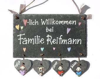 Schieferschild Familie Herz | Türschild Schiefer personalisiert mit Namen | Familienschild | Haustürschild | Schiefertürschild mit Anhänger