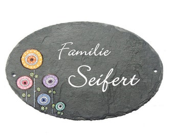 ovales Familienschild aus Schiefer mit Name personalisiert | Türschild Familie | Familientürschild | Eingangsschild | Namensschild Blumen