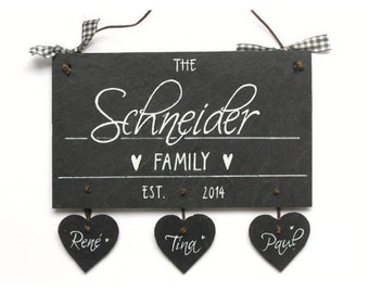 Türschild Schiefer mit Name der Familie personalisiert | Namensschild mit Herzanhänger | Familienschild | Haustürschild | Familientürschild