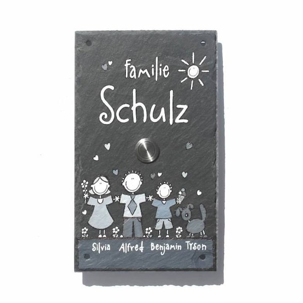 Klingelschild Schiefer personalisiert mit Namen und Wunschfiguren | Türklingel Schiefer | Haustürklingel mit Klingelknopf | Klingelplatte