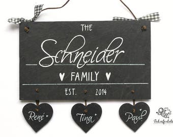 Hochzeitsgeschenk Türschild Familie Schiefer, Namensschild mit Herzanhänger, Familienschild handbemalt, Schieferschild, Schiefertürschild