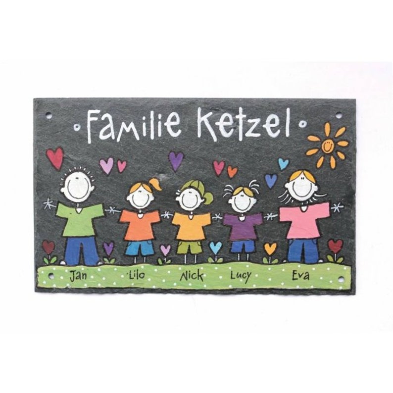 Haustürschild aus Schiefer für Familien mit Name personalisiert. Türschild, Namensschild, Familienschild wetterfest. Willkommensschild, Eingangsschild mit Figuren handbemalt. Weihnachtsgeschenk, Hochzeitsgeschenk, Einweihungsgeschenk.