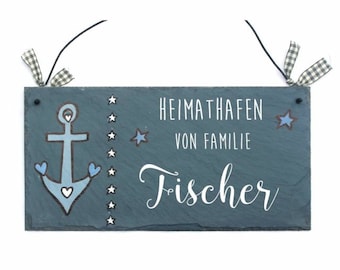 Wetterfestes, maritimes Türschild Heimathafen aus Schiefer mit Name der Familie personalisiert. Schieferschild, Haustürschild mit Anker.