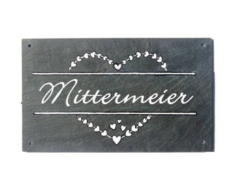 Türschild Schiefer mit Name personalisiert | Schieferschild Herzranke | Geschenk für das Brautpaar zur Hochzeit | Familienschild zur Heirat