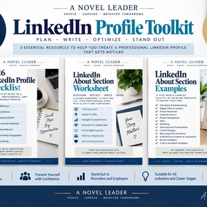 May include: A 3-in-1 digital bundle titled LinkedIn Profile Toolkit by A Novel Leader, featuring a 2026 LinkedIn Profile Checklist, an About Section Worksheet, and About Section Examples. The documents are white with dark blue text and accents.