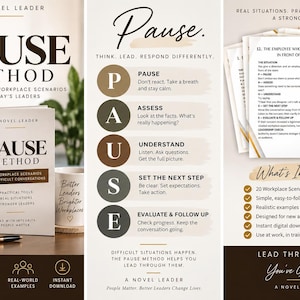 Puede incluir: Una guía digital titulada The Pause Method que presenta 20 escenarios laborales reales para líderes. El contenido describe un proceso de cinco pasos: Pause, Assess, Understand, Set the Next Step y Evaluate and Follow Up, presentado con textos instructivos, listas de verificación y consejos de liderazgo.