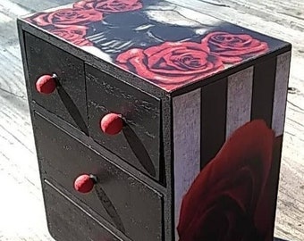 Custom Mini 4 Drawer Jewelry Chest Skull Roses Black and Red with Black White Stripes