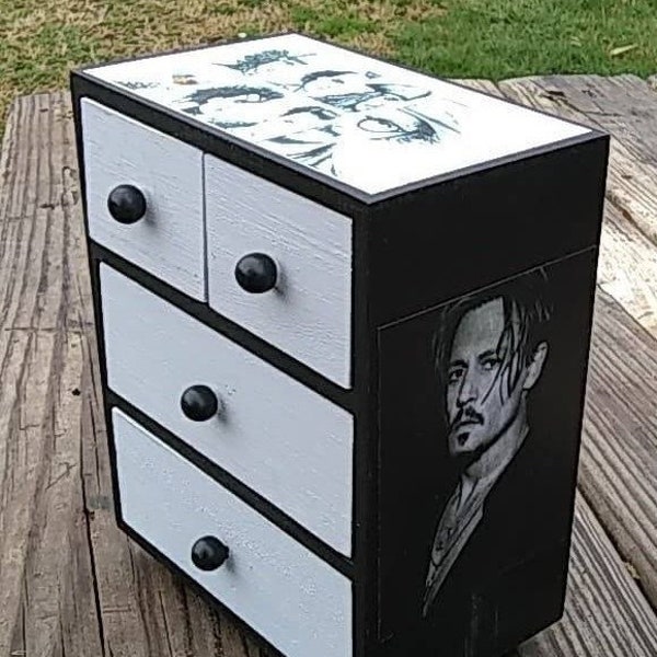 Custom Mini 4 Drawer Jewelry Chest Johnny Depp Black White Great Gift Idea Decor Desktop Storage Vanity Storage Trinket Box