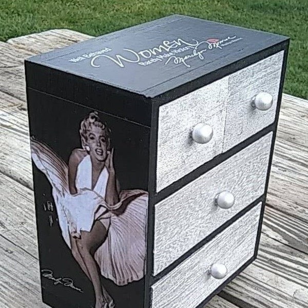 Custom Marilyn Monroe Mini 4 Drawer Jewelry Chest Diva Glamour Black Silver