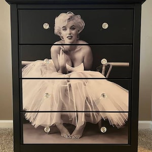 Custom Made 4 Drawer Marilyn Ballerina Black White Image Pine Chest Glamour Diva Black Glass Knobs