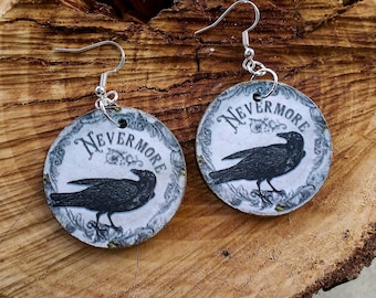 Kolczyki wiszące Raven Nevermore 1,5" okrągłe, srebro próby 925, hipoalergiczne, haczyki do kolczyków